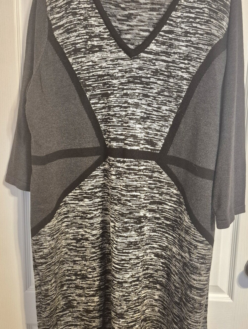 Gray Patterned V-Neck Sweater Dress